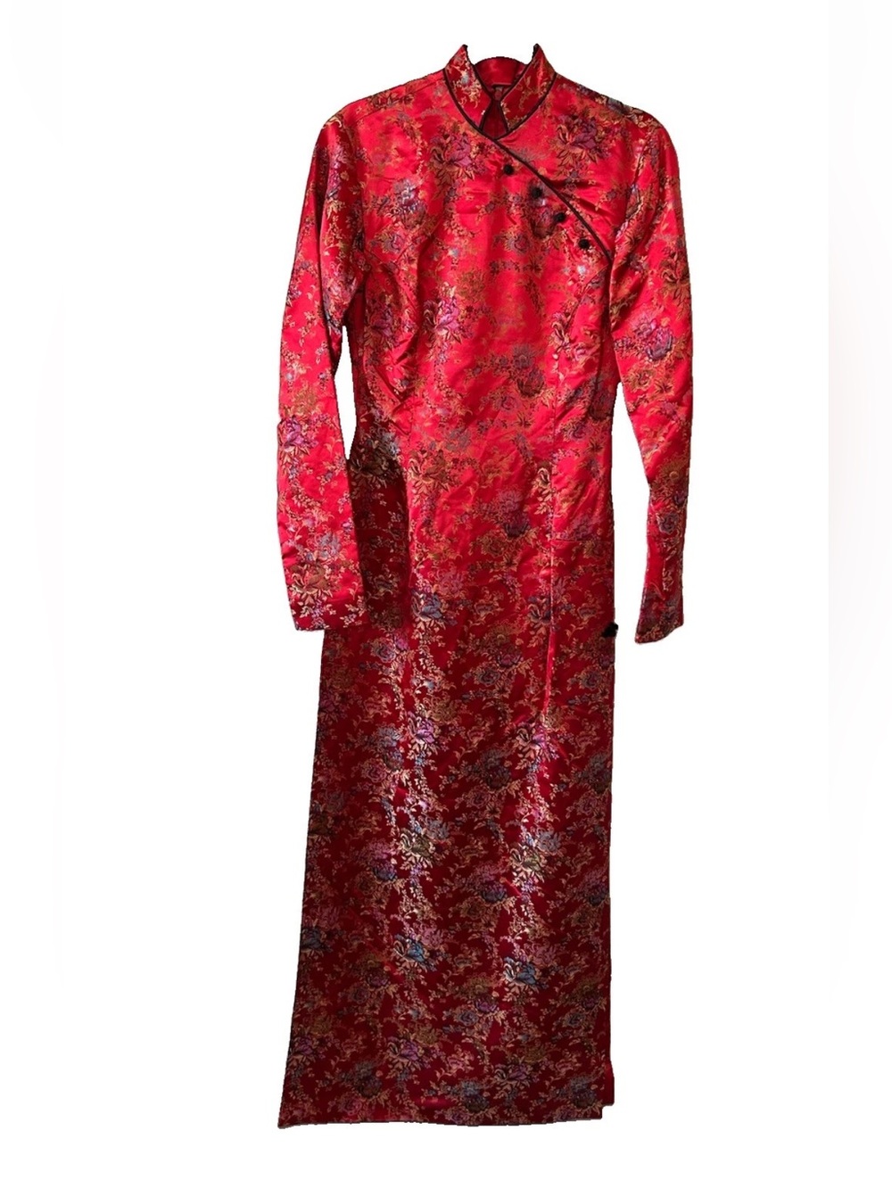 Vintage Handmade Red Brocade Cheongsam Qipao Maxi Dress Floral Long Sleeve S